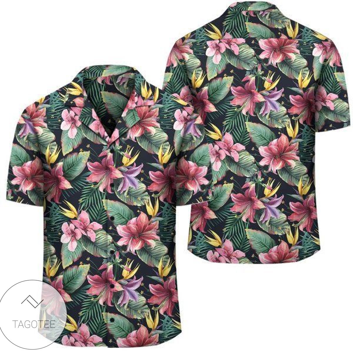 Tropical Flowers Palm Leaves Hibiscus Strips Hawaiian Shirt