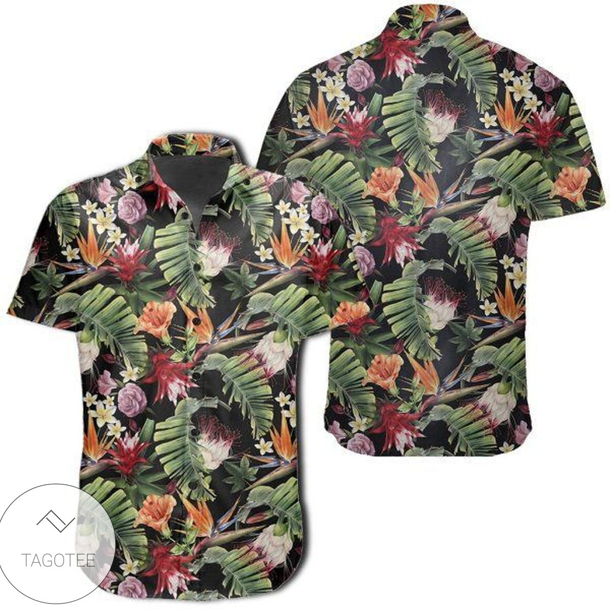 Tropical Flowers With Hummingbirds Palm Leaves Hawaiian Shirt