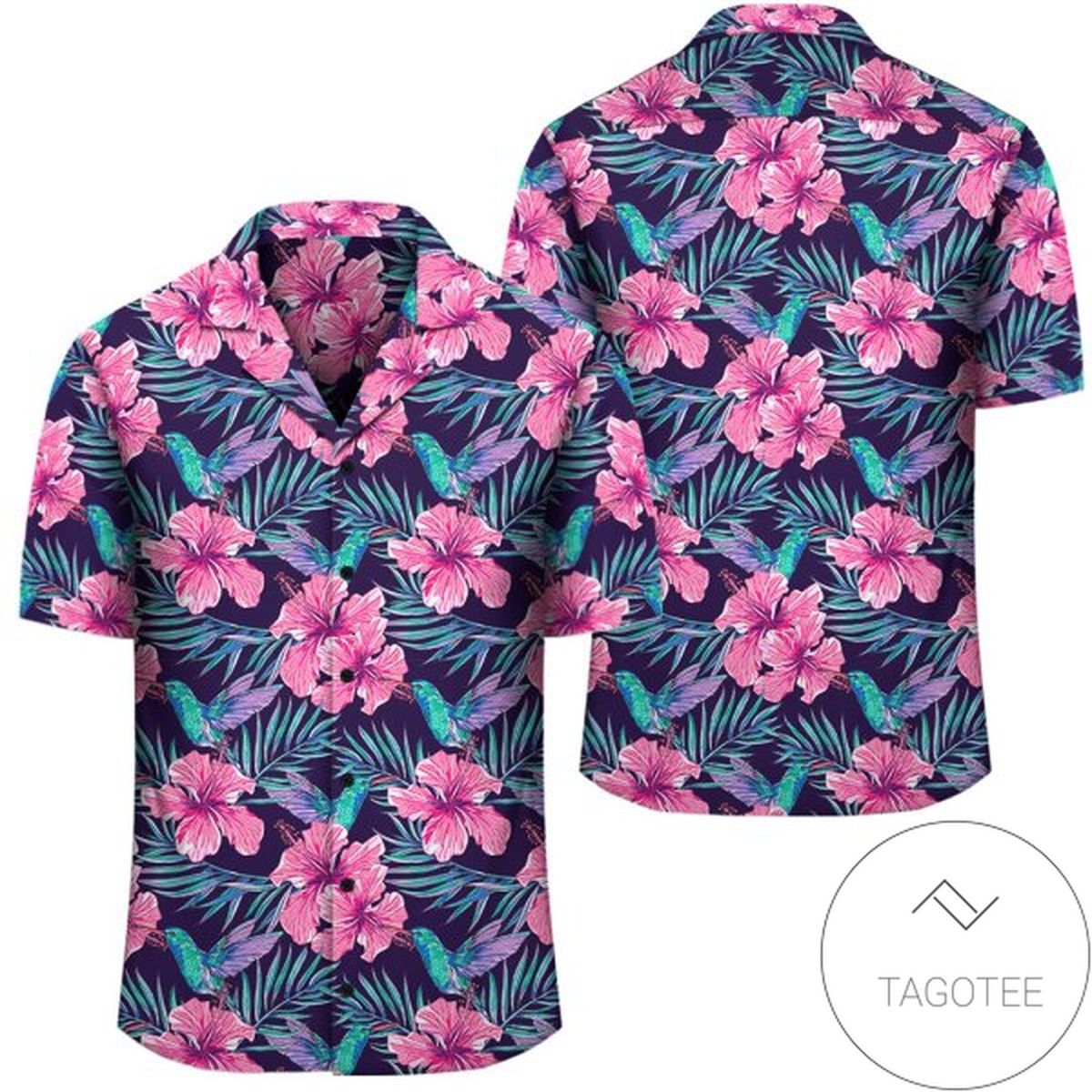 Tropical Flowers With Hummingbirds Palm Leaves Hawaiian Shirt