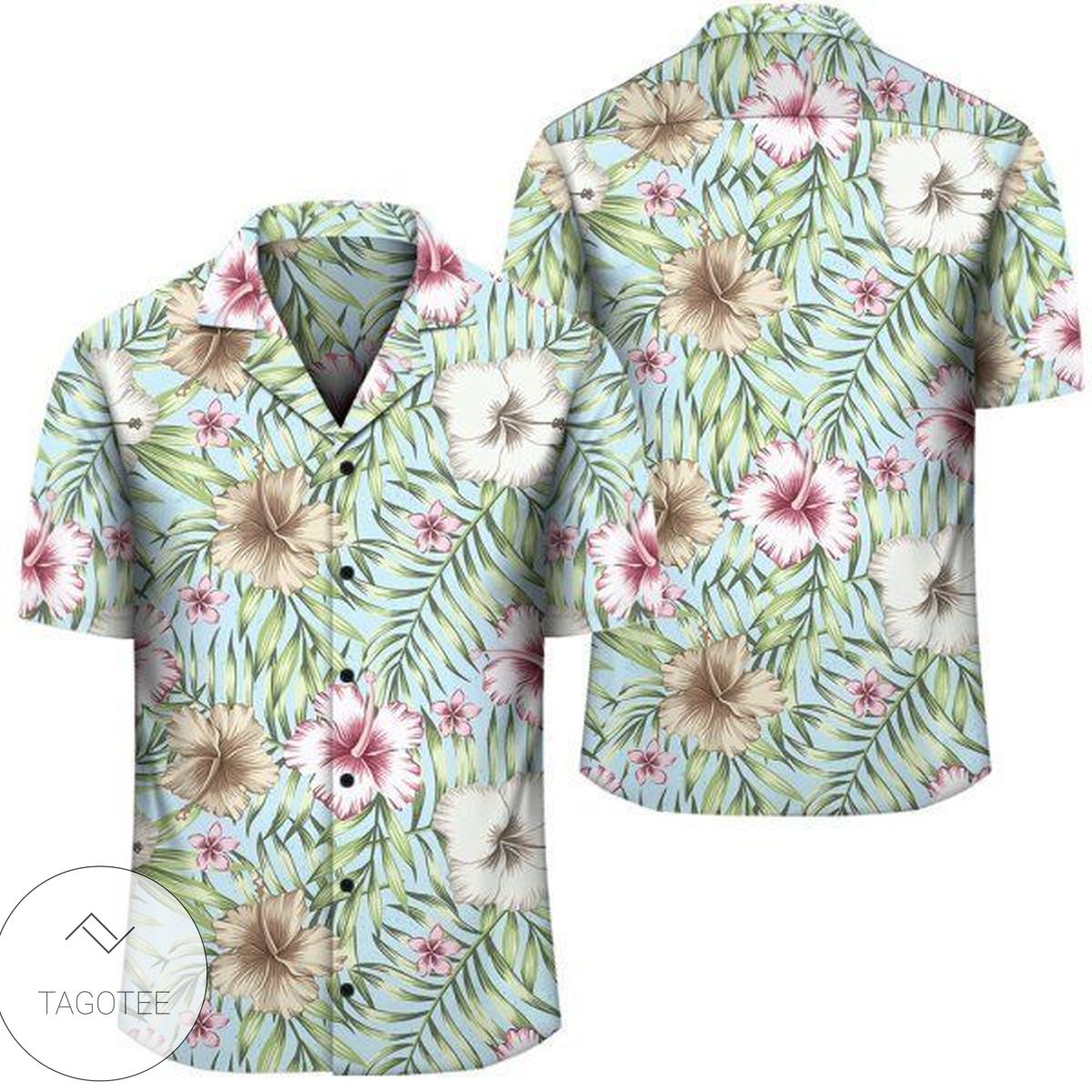 Tropical Hibiscus Plumeria Green Hawaiian Shirt