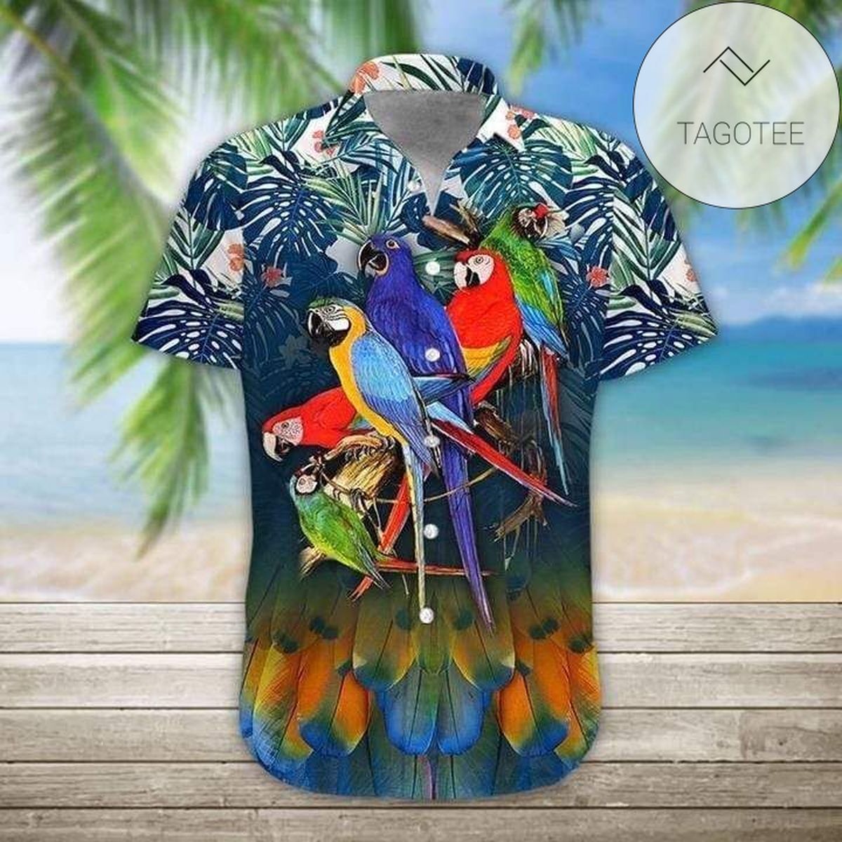 Tropical Parrots Pattern Navy Hawaiian Shirt