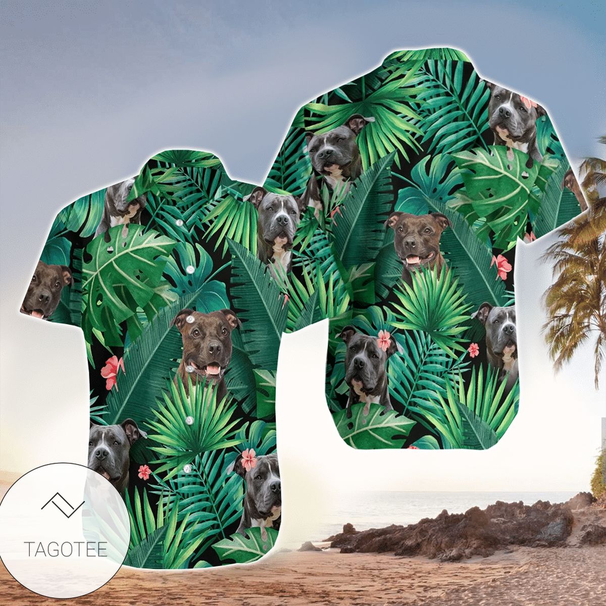 Tropical Pitbull Dog Green Hawaiian Shirt