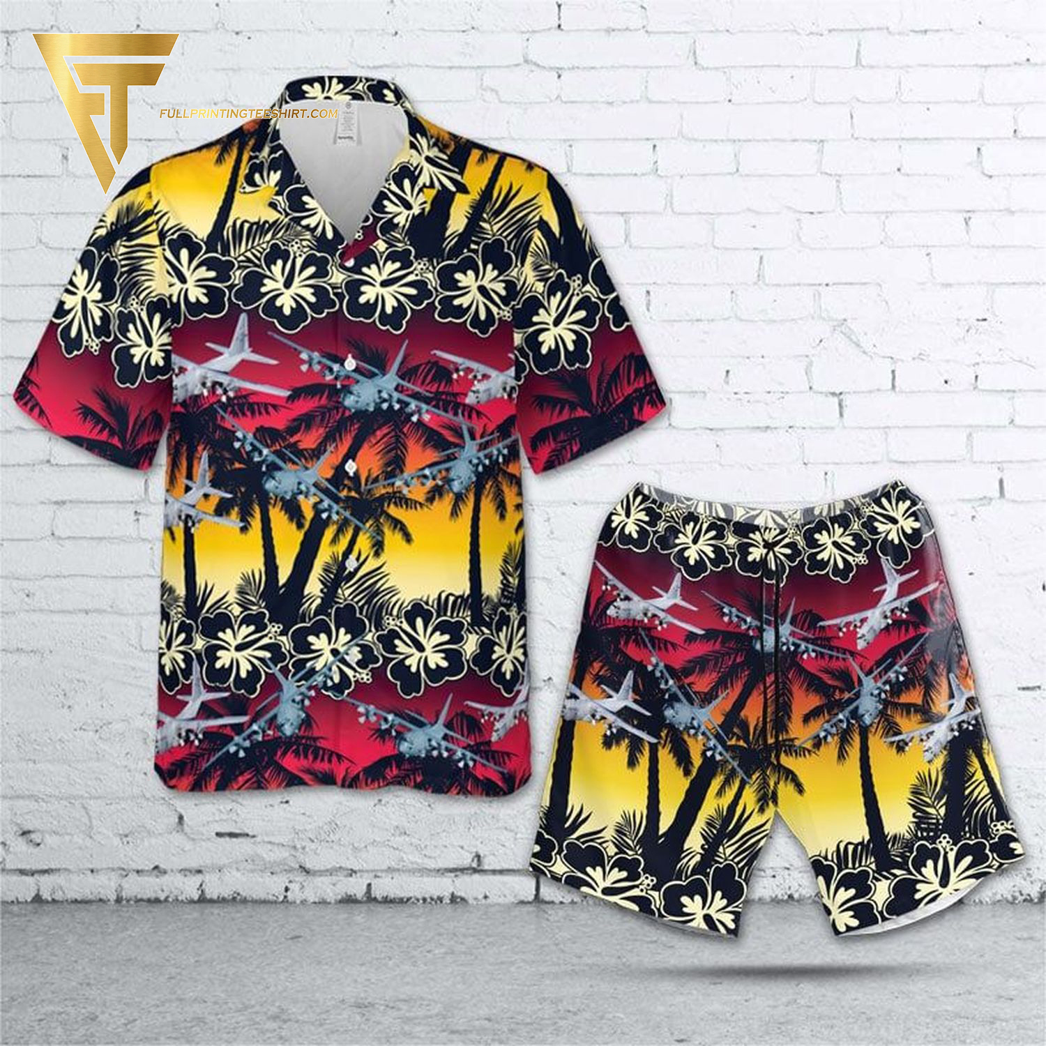 Tropical palm tree us army ah-1f cobra all over print hawaiian shirts and beach shorts