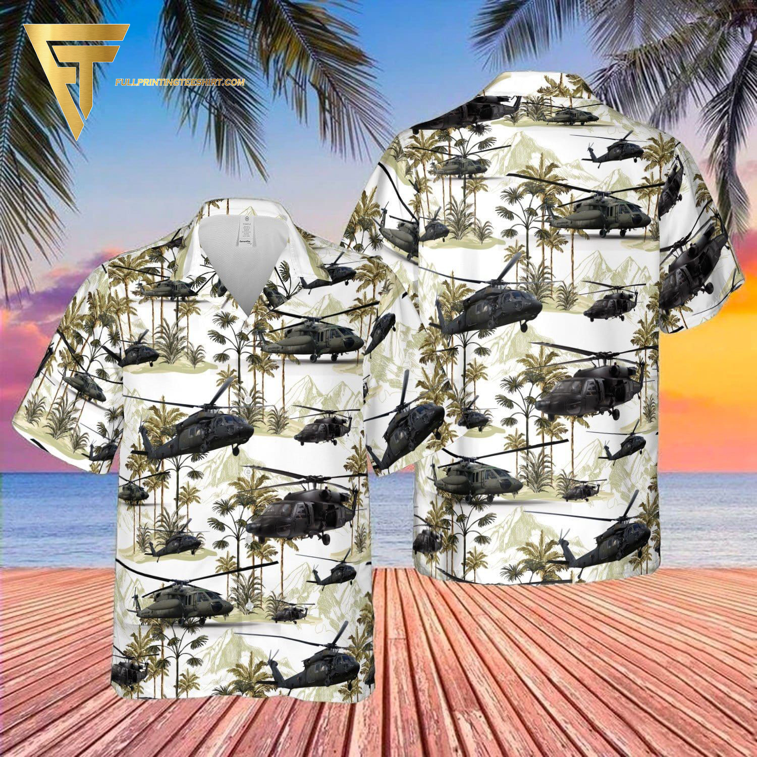 US army helicopter sikorsky uh-60 black hawk all over print hawaiian shirts and beach shorts