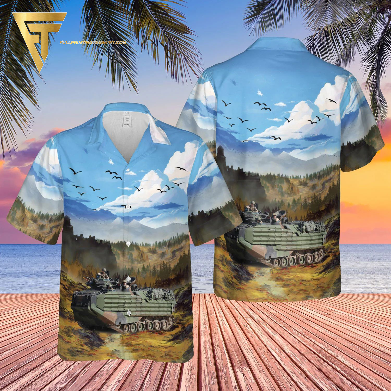 US army m60a1 tank all over print hawaiian shirts and beach shorts