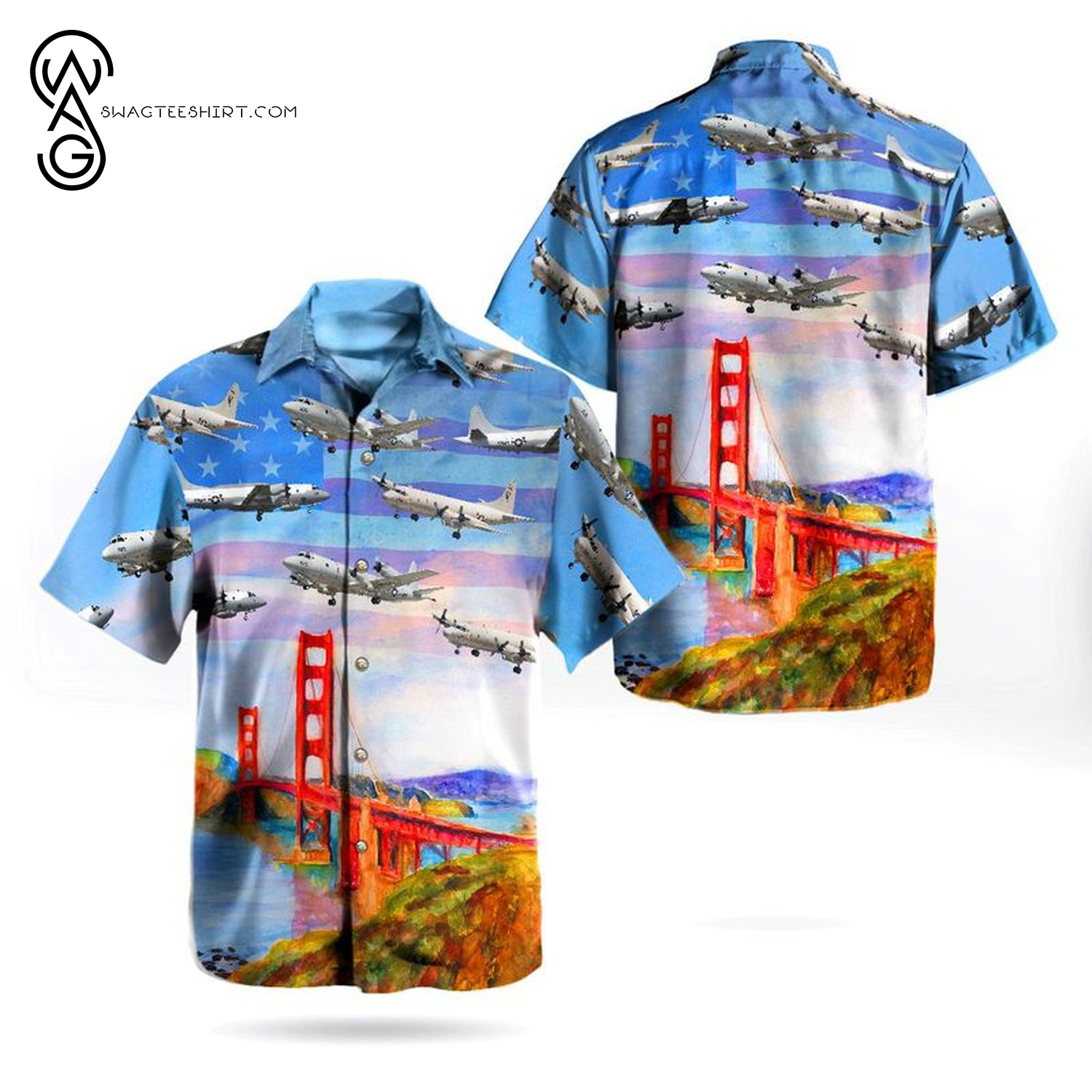 US Navy Lockheed P-3 Orion Independence Day Golden Gate Bridge All Over Print Hawaiian Shirt