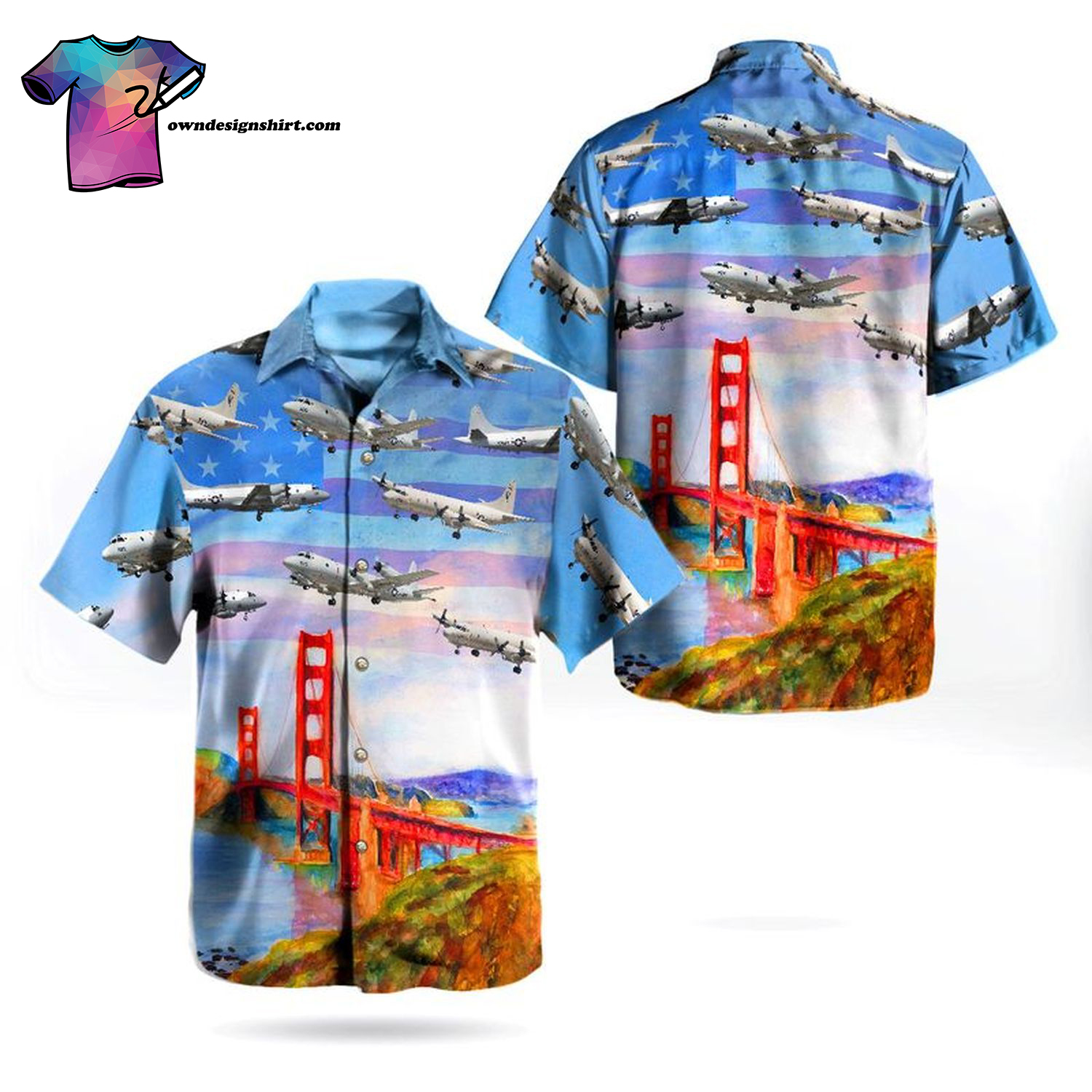 US Navy Lockheed P-3 Orion Golden Gate Bridge Independence Day Summer Hawaiian Shirt