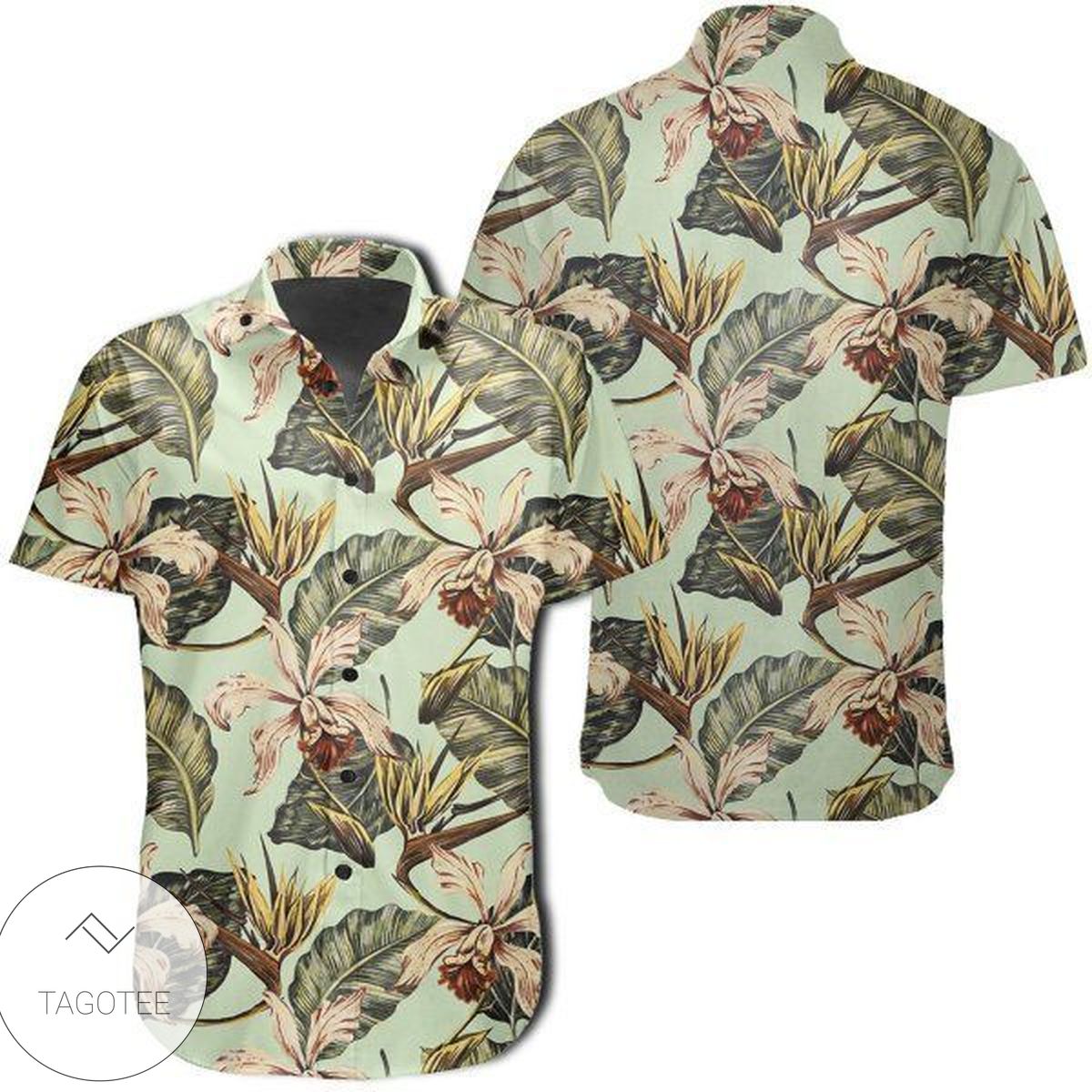 Vintage Tropical Jungle Leaves Orchid Bird Hawaiian Shirt 3d