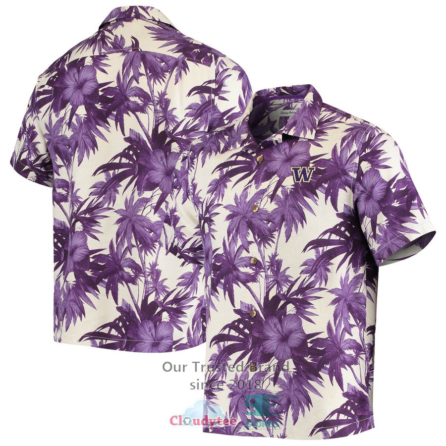 Washington Huskies Tommy Bahama Coconut Point Playa Flora IslandZone Purple Hawaiian Shirt