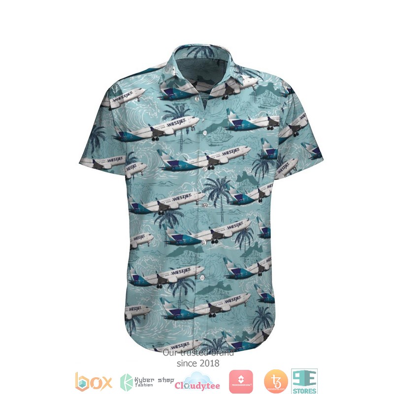 WestJet Boeing 737-8 MAX Blue Short Sleeve Hawaiian Shirt