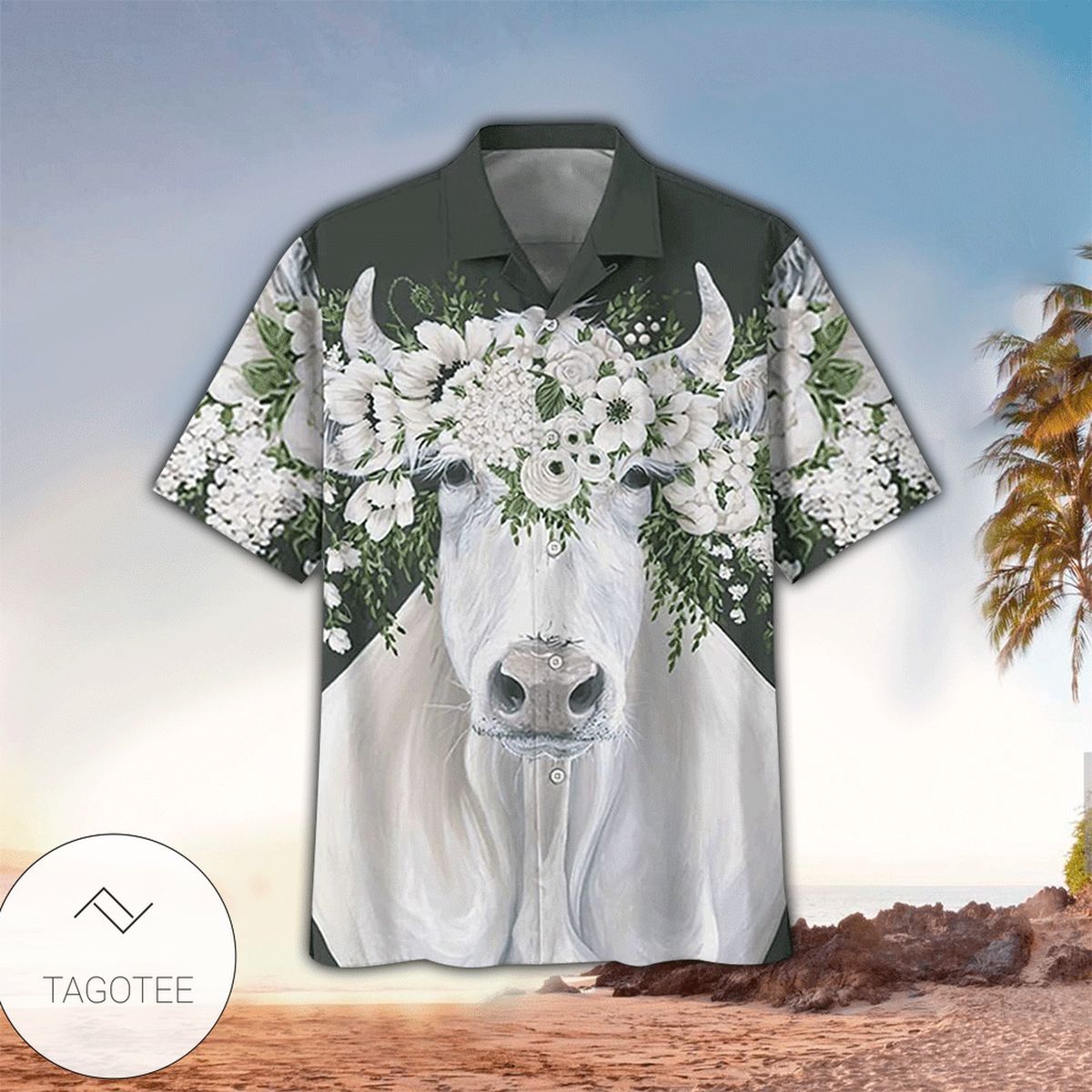 White Cow Tropical Leaf Pattern Hawaiian Shirt