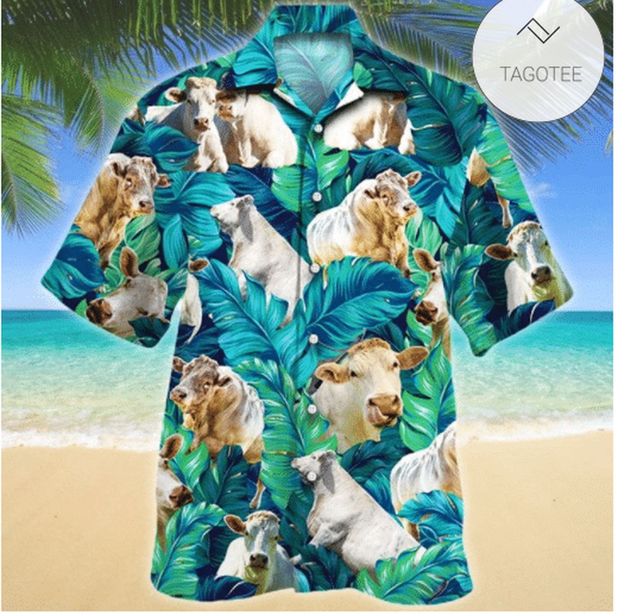 White Cow Beautiful Flower Art Casual Button Down Short Sleeves Unisex Hawaiian Shirt