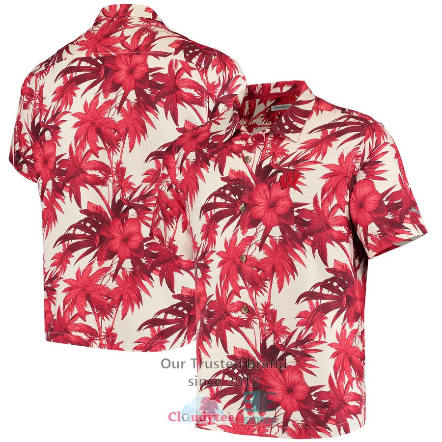 Wisconsin Badgers Tommy Bahama Sport Jungle Shade Camp Red Hawaiian Shirt