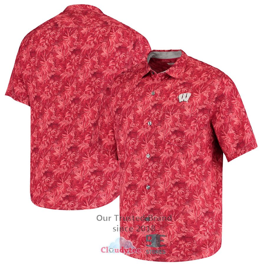 Wisconsin Badgers Tommy Bahama Forest Fronds Oatmeal Hawaiian Shirt