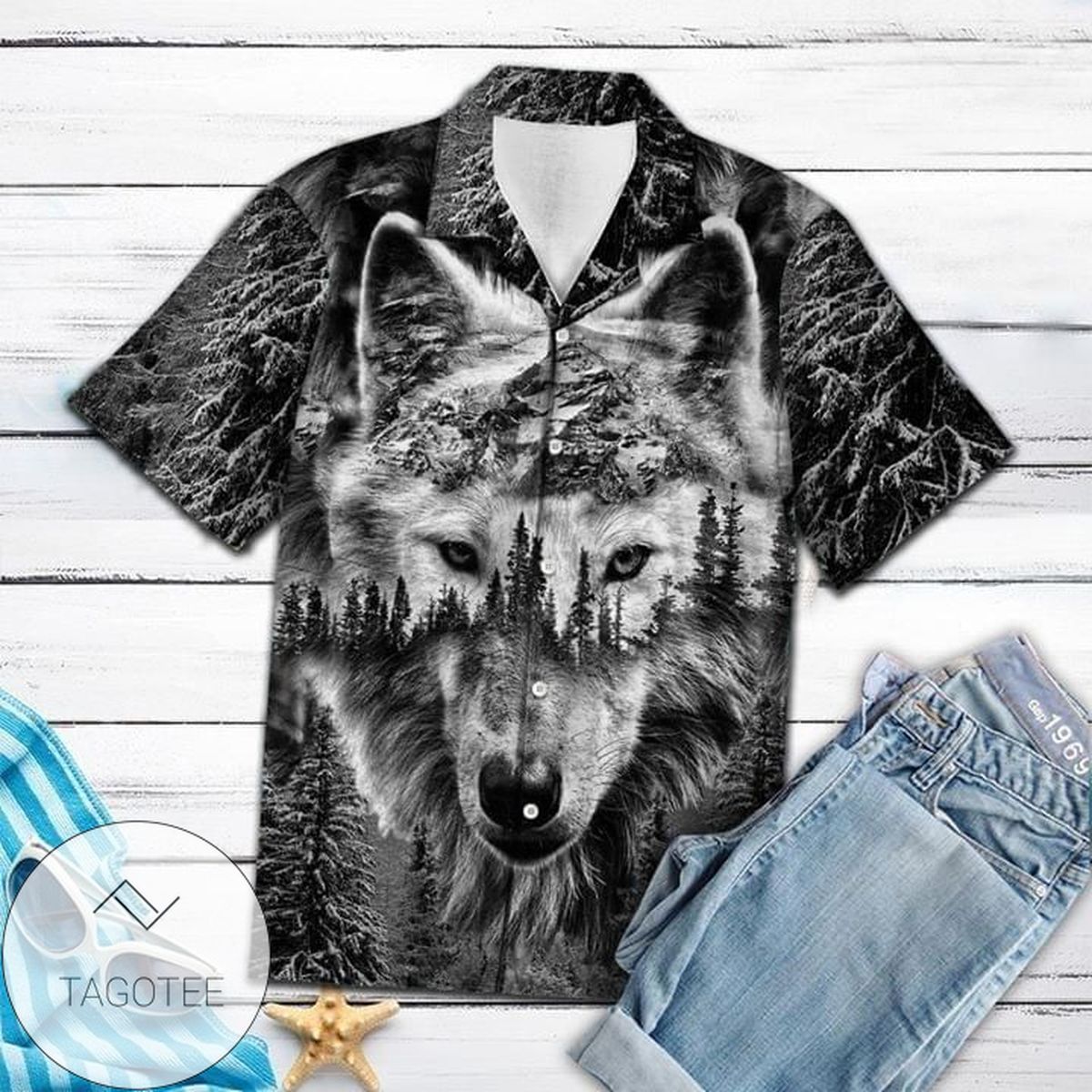 Wolf And Moon Tropical Polyester Hawaiian Shirt