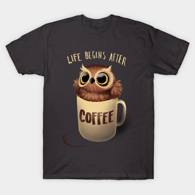 night owl fluffy cute bird morning coffee t shirt 6008