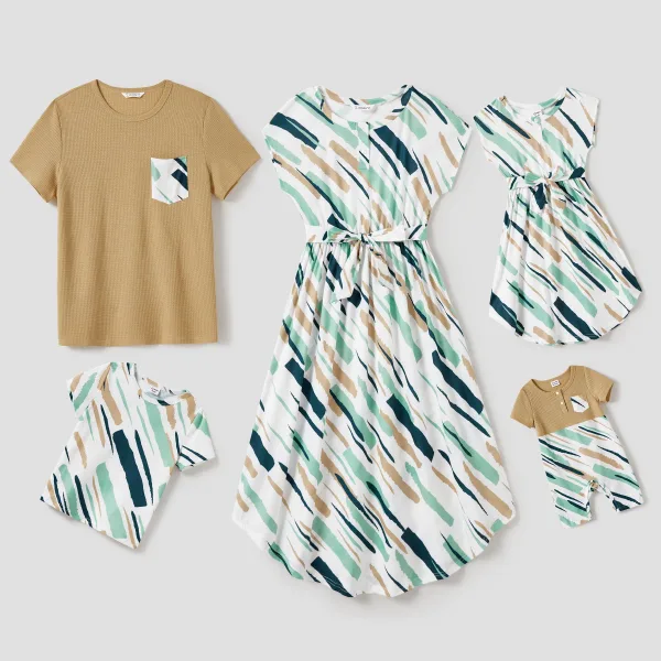 Family Matching Allover Geo Print Sleeveless Belted Dresses and Short-sleeve T-shirts Sets 1