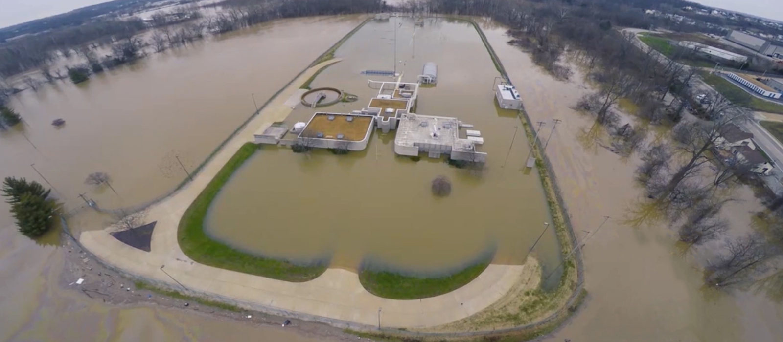 Aerial view of a flooded Wastewater Treatment Plant