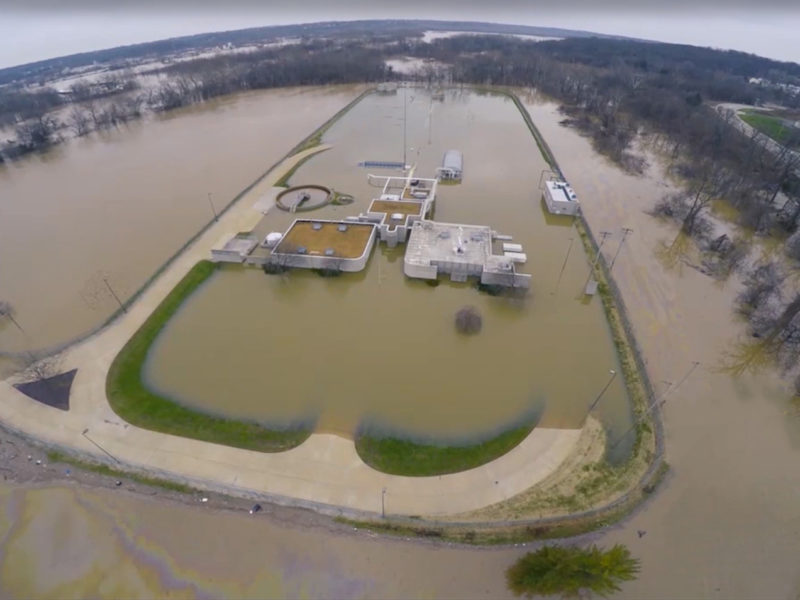 Aerial view of a flooded Wastewater Treatment Plant