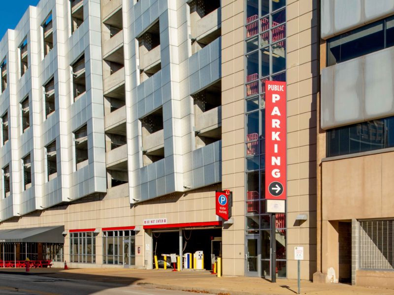 Front of the St. Louis City Justice Center Parking Garage