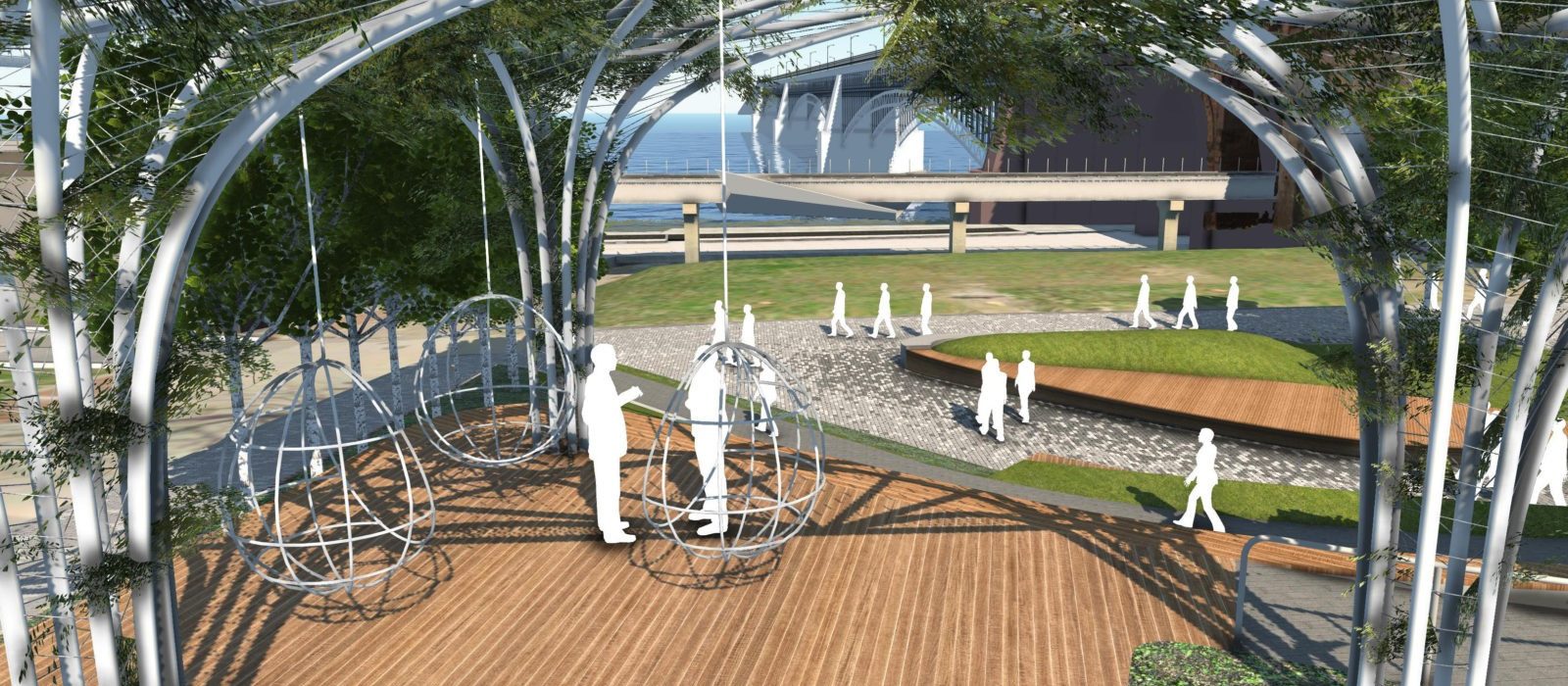 Rendering of the River Swings for the Laclede’s Landing Katherine Ward Burg Garden project