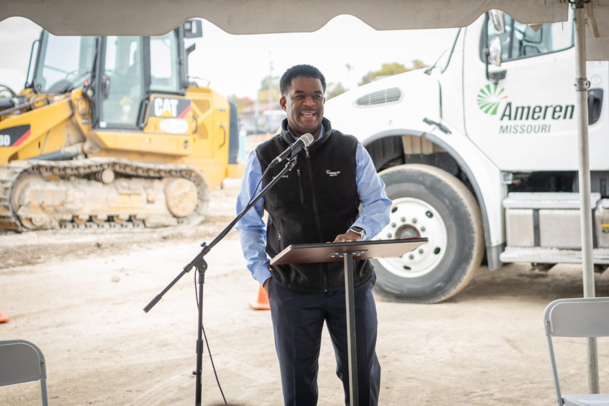 Patrick Smith giving a speech at the Ameren North Metro Center groundbreaking ceremony