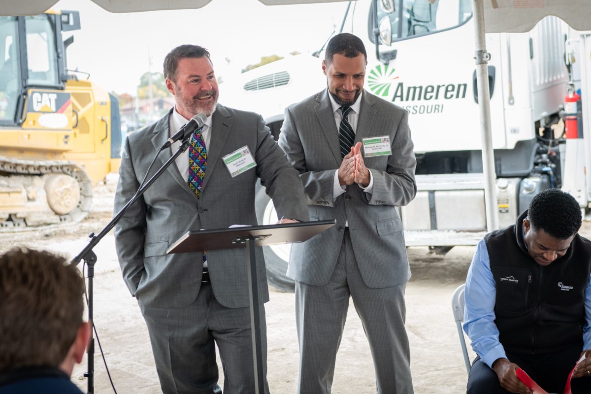 Keith Wolkoff and Michael B. Kennedy giving a speech at the Ameren North Metro Center groundbreaking ceremony