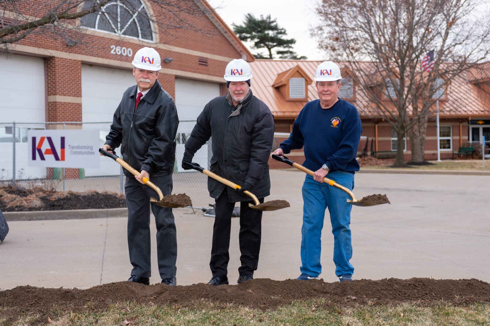 Maryland Heights Fire Protection District Headquarters Engine House One groundbreaking event 3 men with shovels
