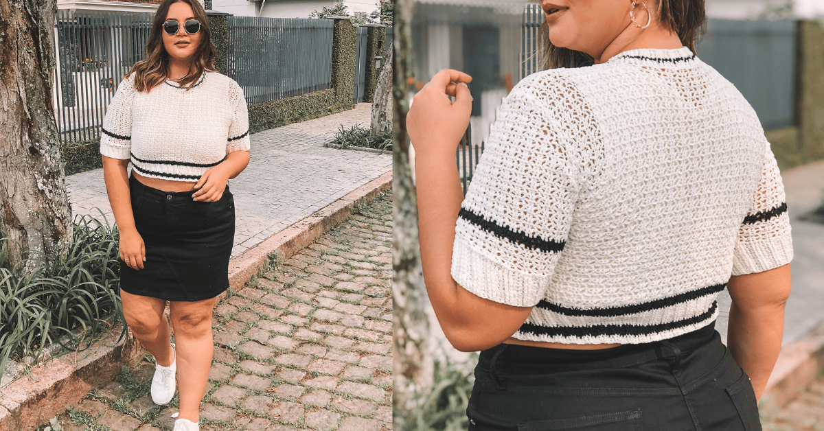 cropped com manga de crochê