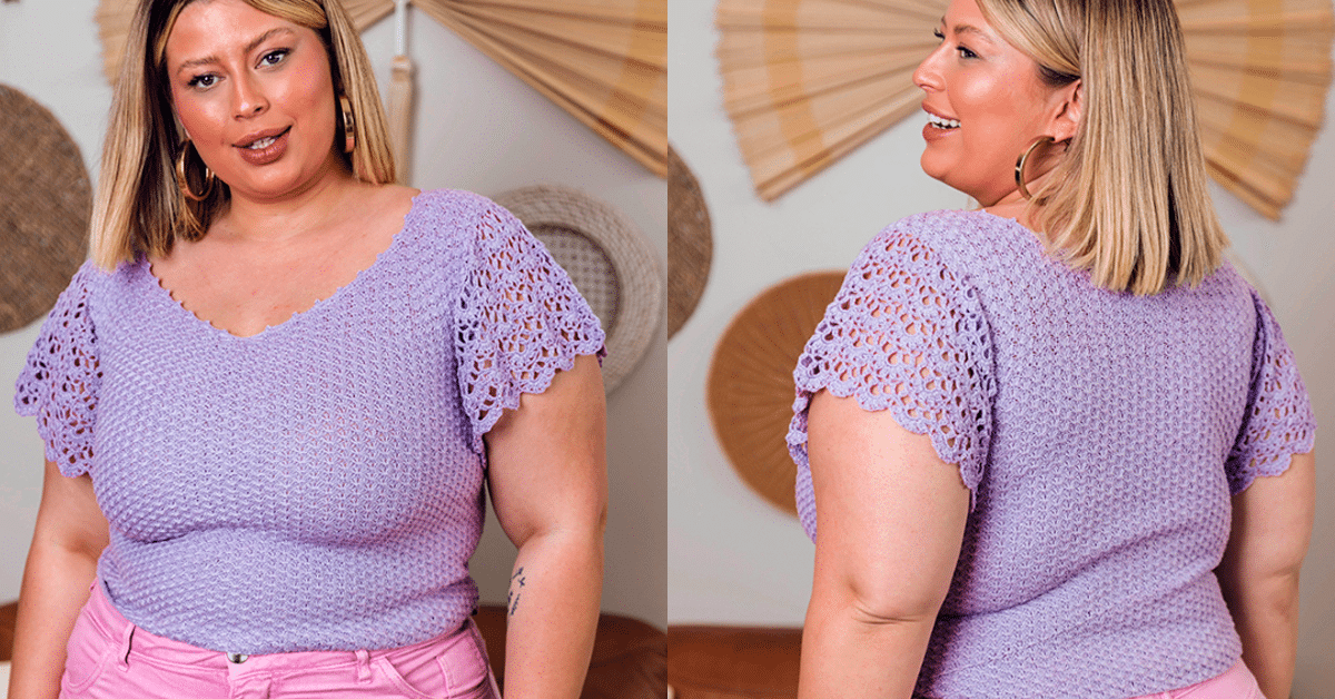 Blusa de Crochê Manga Godê Gráficos e Ponto a Ponto