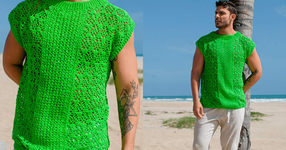 Moda Verão Masculina: Regata de Crochê Verde-Cítrico