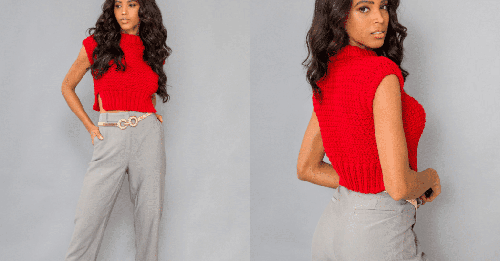 Colete de Tricô Vermelho com Aberturas: Passo a passo e Gráfico