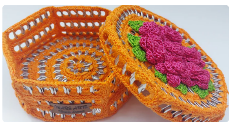 Sustentabilidade e Arte: Cesta Hexagonal em Crochê com Lacres de Latinha do Canal Mabs Artes