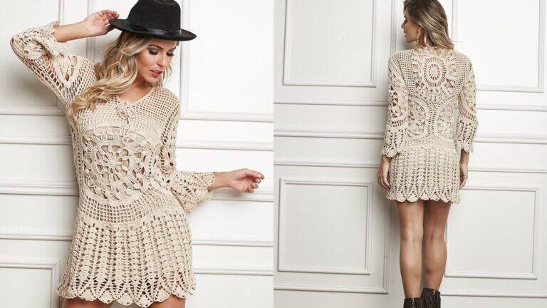 Vestido em Crochê Bege: Um Modelo Lindo e Especial!