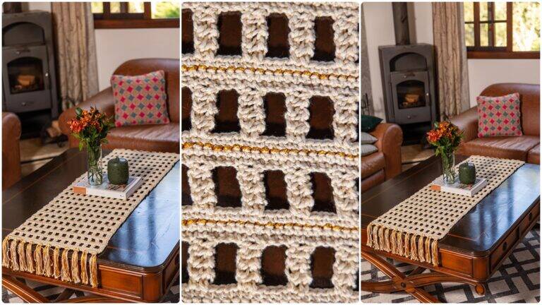 Caminho de Mesa em Crochê Dourado: Brilho e Elegância!