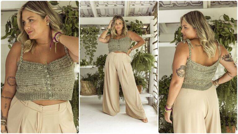 Cropped de crochê jeans militar apresenta modelito lindo e charmoso!
