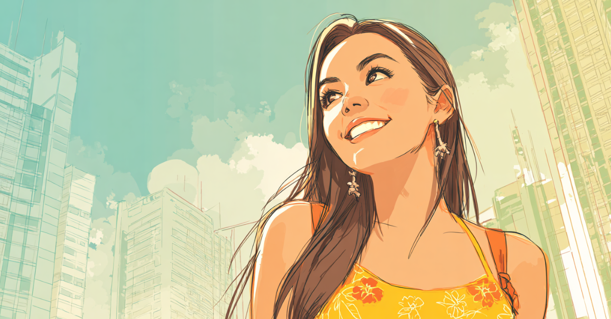 Ilustração que representa uma mulher se sentindo feliz e com uma autoestima saudavel