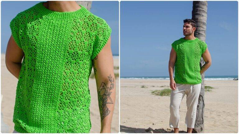 Regata de Crochê Masculina Verde-Cítrico: Elegância e Charme!