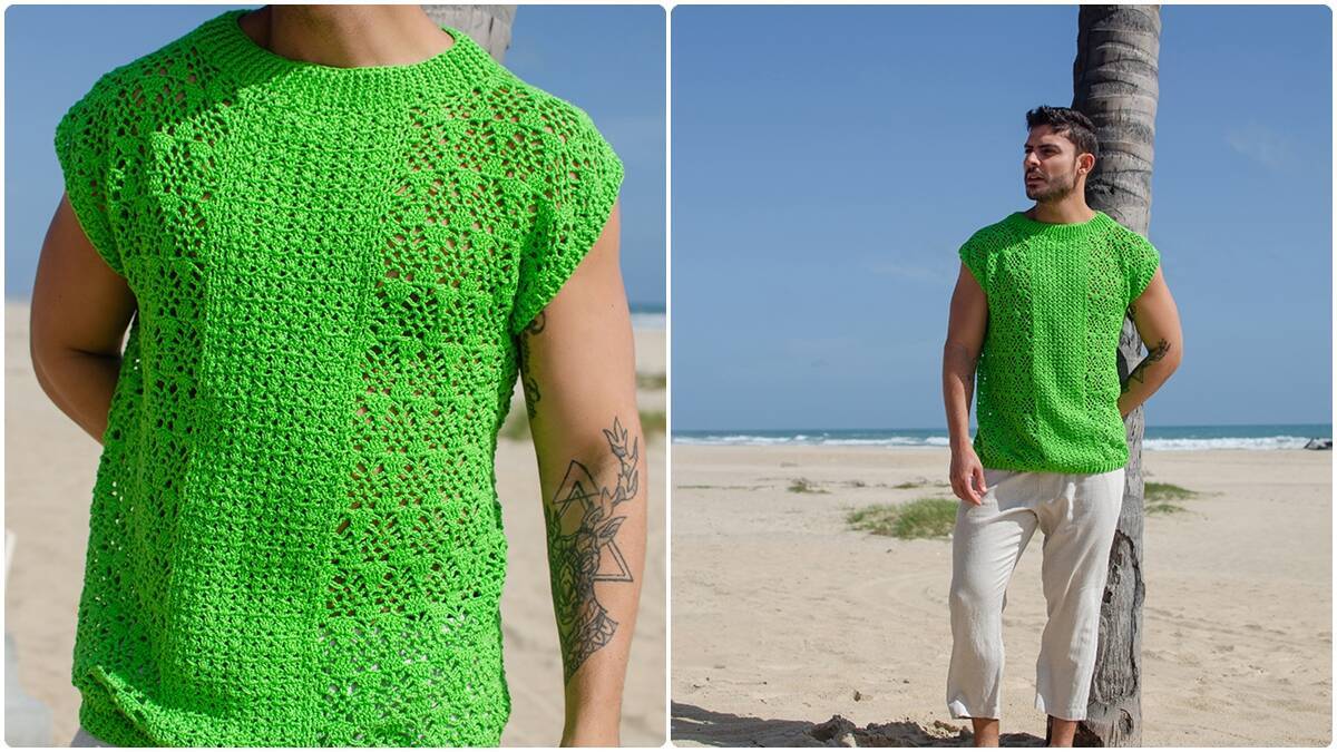 Quais pontos de crochê são utilizados na regata masculina verde-cítrico?
