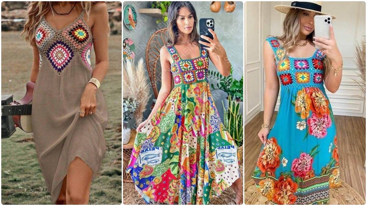 15 Vestidos com Squares de Crochê e Tecido: A Combinação Perfeita!