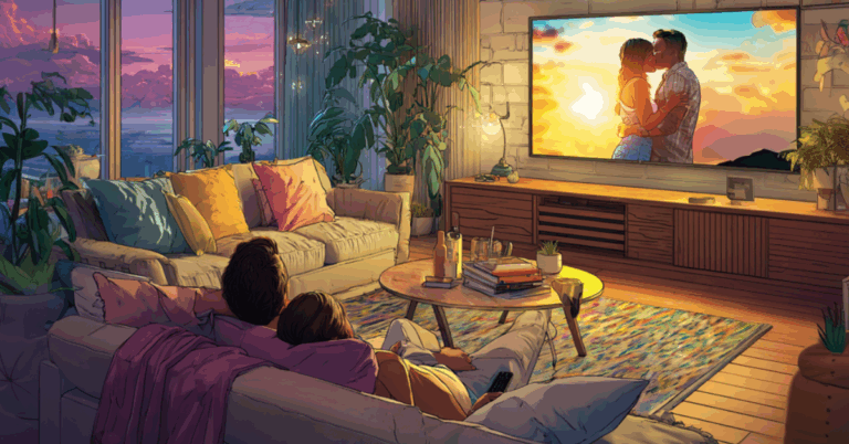 ilustração gerada por IA de um casal assistindo filme de romance na TV