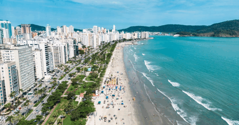Vista aérea da praia de Santos em São Paulo, com mar azul, areia movimentada por banhistas e guarda-sóis, jardins litorâneos arborizados e prédios altos ao fundo em um dia ensolarado