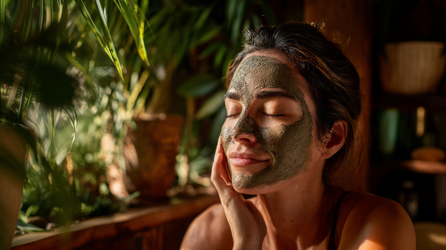 Mulher relaxando em ambiente natural com máscara de argila verde no rosto, rodeada por plantas e luz suave