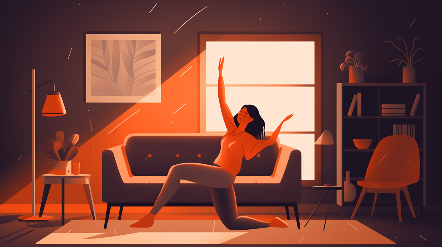 Ilustração 2D de uma mulher se alongando em sua sala, com sofá, plantas e luz vibrante da janela ao fundo
