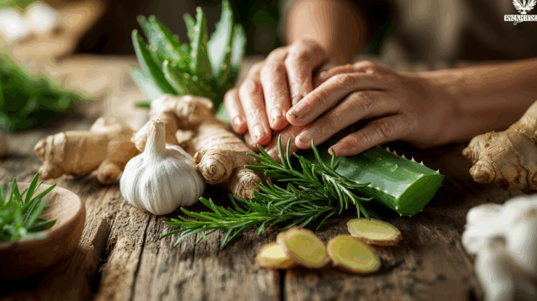 Mãos femininas sobre uma mesa de madeira rústica, ao lado de plantas com efeito antibiótico. Na mesa tem alho, gengibre, alecrim fresco e folha de babosa, em composição natural e detalhada
