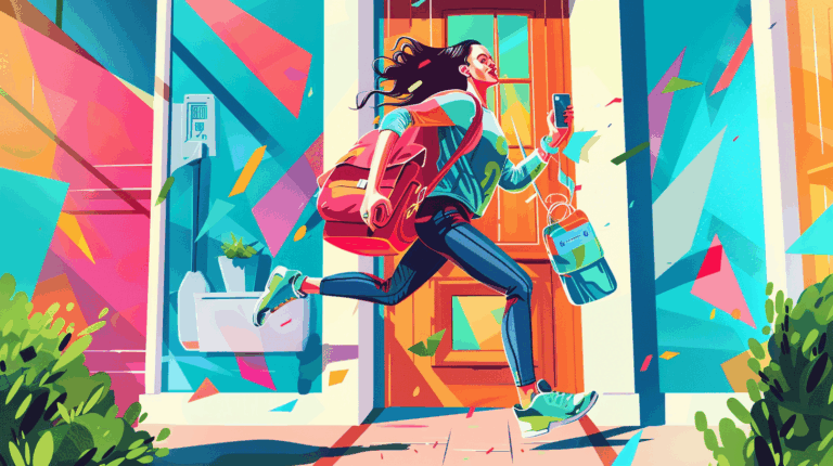 Ilustração gerada por IA de mulher correndo com pressa para o trabalho