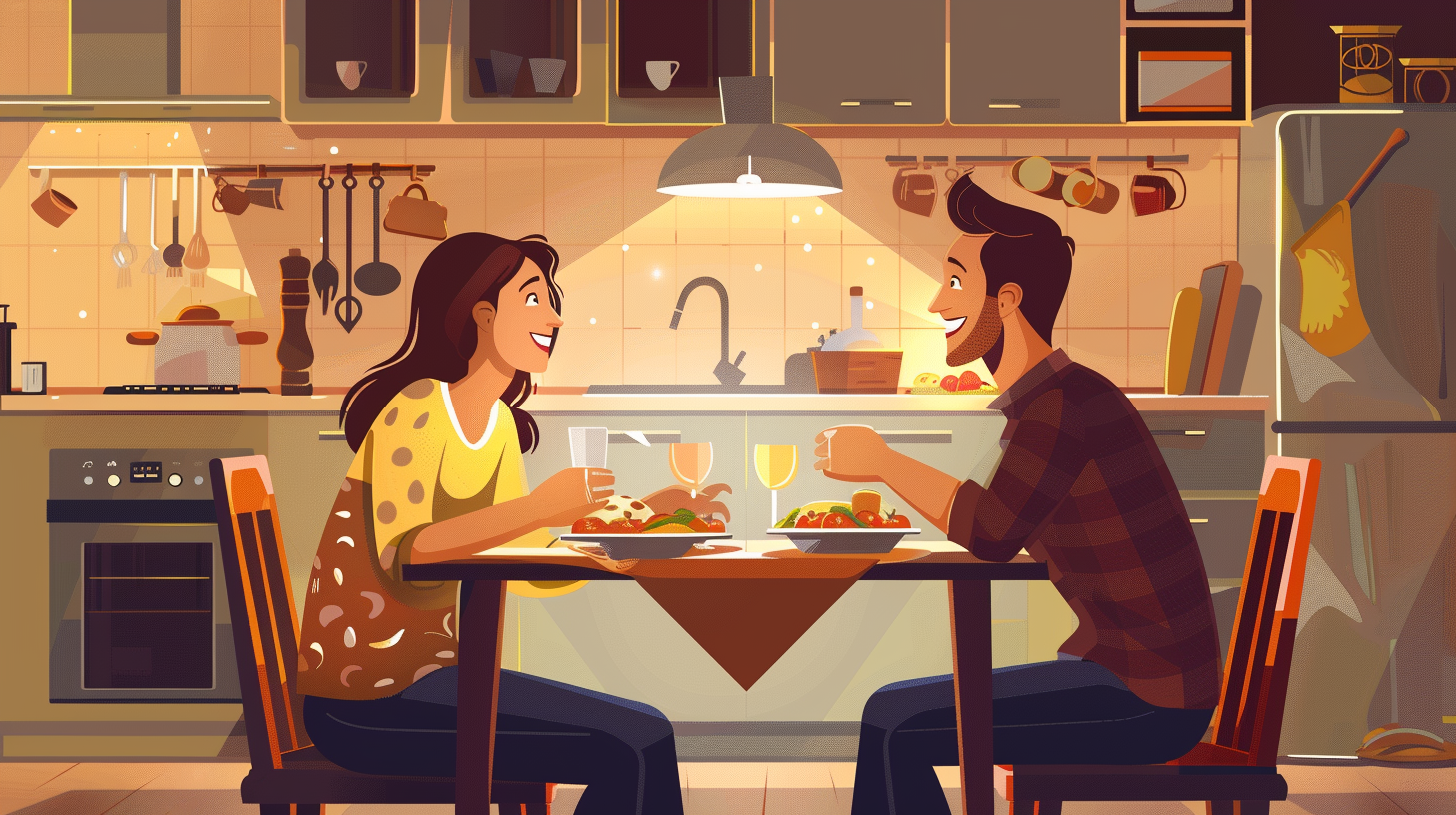 Ilustração de mulher jantando e conversando com o marido sem pressa e sem celulares simbolizando momentos de qualidade com as pessoas que amamos