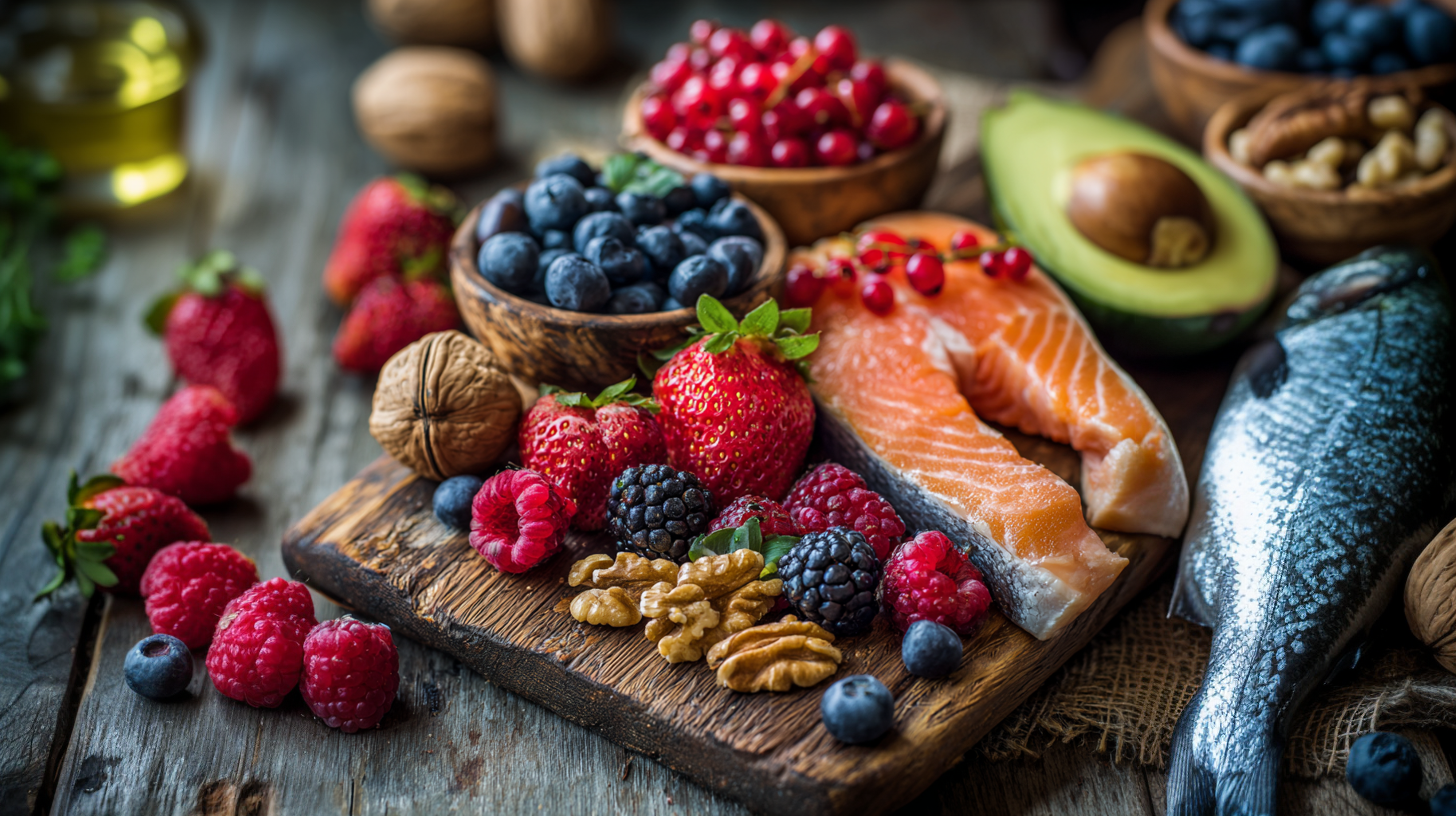 Alimentos que mantêm a pele jovem: frutas vermelhas, salmão, peixe, nozes e abacate sobre mesa