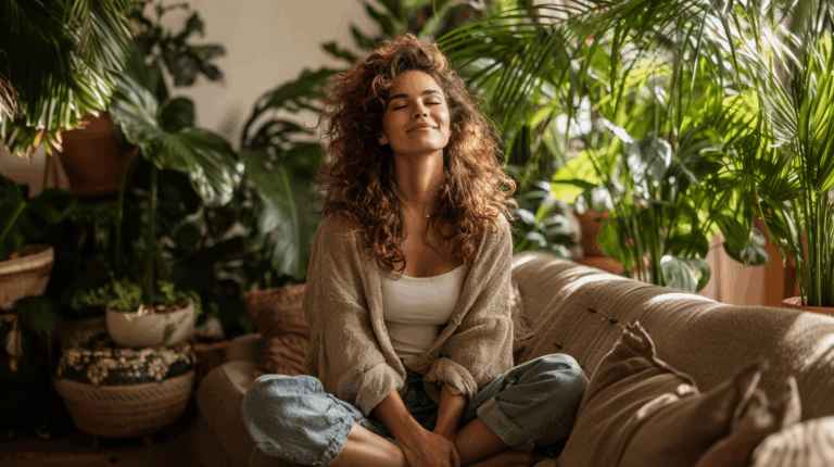 Imagem gerada por IA de uma mulher sentada relaxada no sofá com plantas que proporcionam bem-estar ao seu redor