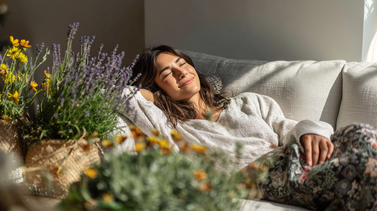 Imagem gerada por IA de uma mulher deitada relaxando no sofá com plantas que proporcionam bem-estar ao seu redor